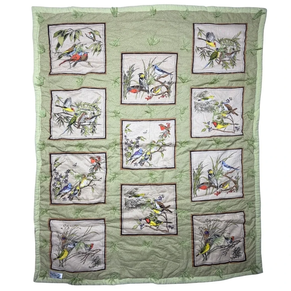 Vintage 80s Bird Botanical Tied Quilt Sage Green Cotton Lap Blanket 42x50